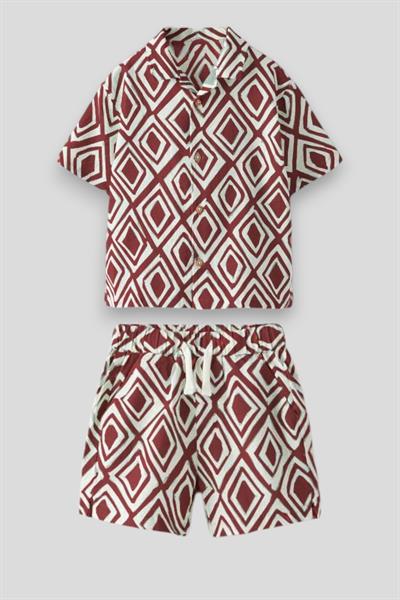 Erkek Çocuk Pamuklu Geometrik Desenli Şortlu Gömlek Takım – Yazlık Rahat Kesim