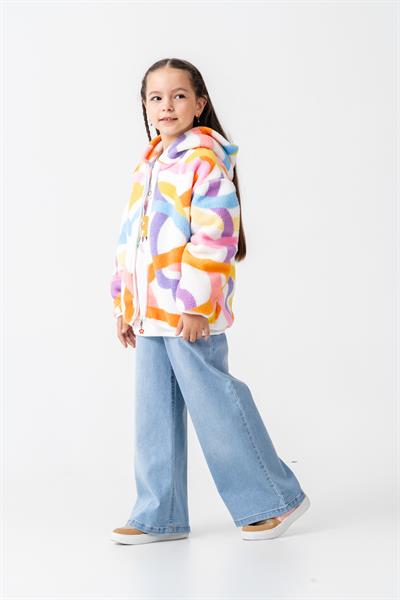 Kız Çocuk Pamuklu Renkli Desenli Kapüşonlu Fermuarlı Polar Mont - Konforlu Dış Giyim