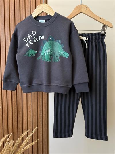 Erkek Çocuk Pamuklu Gri Sevimli Hayvancık Baskılı Sweatshirt - Dad Team Yazılı