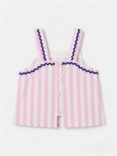 Kız Çocuk Keten Pembe Çizgili Askılı Bluz Pantolon Takım