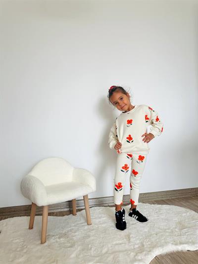 Kız Çocuk Pamuklu Ekru Kırmızı Çiçek Desenli Sweatshirt ve Tayt Takım - Günlük Konforlu Stil