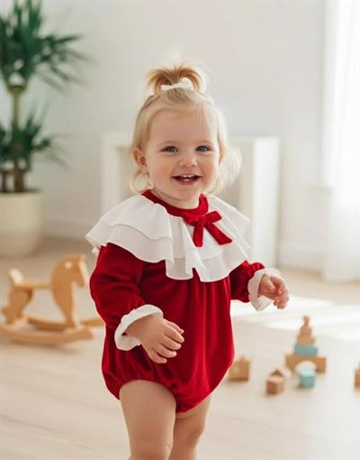 Kız Bebek Pamuklu Kırmızı Fiyonklu Volan Yaka Uzun Kollu Tulum – Şık Kadife Görünümlü Tasarım