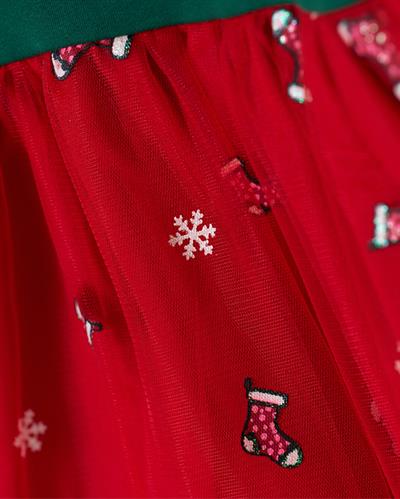 Kız Çocuk Pamuklu Yeşil Penguen ve Kardan Adam Temalı Tül Etekli Noel Elbise