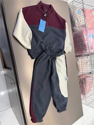 Çocuk Pamuklu Fermuarlı Renk Bloklu Sweatshirt ve Eşofman Altı Takımı