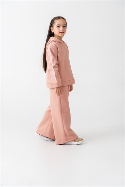Kız Çocuk Pamuklu Pudra Kapüşonlu Sweatshirt ve Bol Paça Eşofman Takım