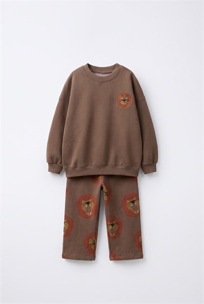 Çocuk Pamuklu Aslan Desenli Kahverengi Sweatshirt ve Eşofman Takımı
