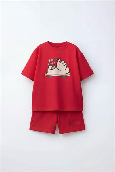 Erkek Çocuk Pamuklu Gergedan Baskılı Kırmızı T-shirt Şort Takım