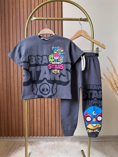 Brawl Stars Çocuk Eşofman Takımı Koyu Gri Tişört ve Eşofman Alt-Üst Takım