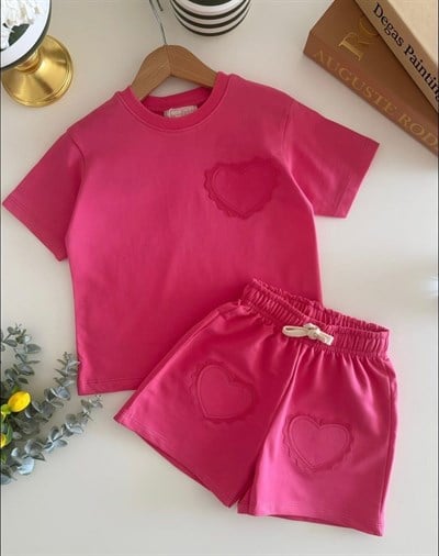 Kız Çocuk Pamuklu Pembe Kalp Cepli T-shirt Şort Takım