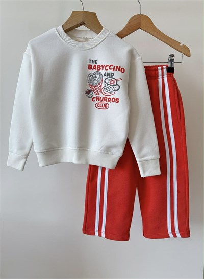 Çocuk Pamuklu Baskılı Ekru Sweatshirt ve Kırmızı Şeritli Pantolon Takımı
