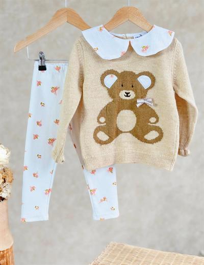 Triko Teddy Desenli Bebe Yaka Kazak Tayt Kız Çocuk Alt-Üst Takım