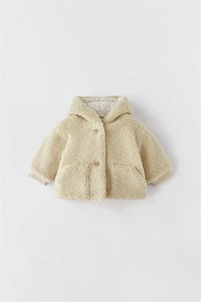 Kız Çocuk Pamuklu Krem Peluş Mont - Kapüşonlu ve Cepli Teddy Model