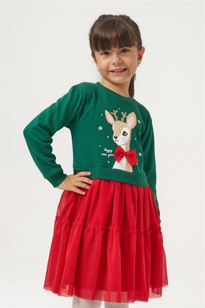 Kız Çocuk Pamuklu Yeşil Geyik Desenli Sweatshirt ve Kırmızı Tül Etek Takımı - Yılbaşı Konseptli