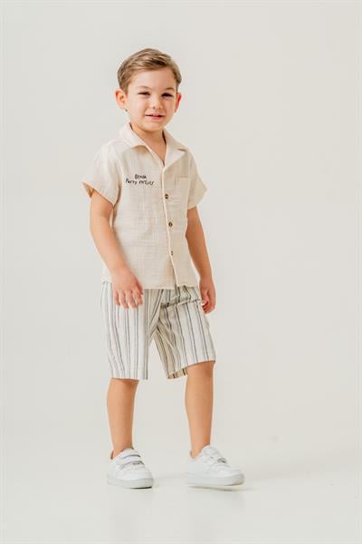 Erkek Çocuk Pamuklu Müslin Kumaş Gömlek ve Çizgili Şort İkili Takım 