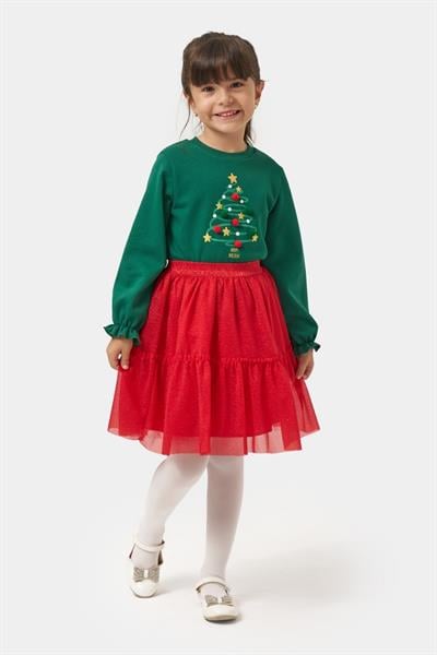 Kız Çocuk Pamuklu Yeşil Yılbaşı Ağaç Baskılı Uzun Kollu Kırmızı Tüllü Takım - Happy Holidays Temalı