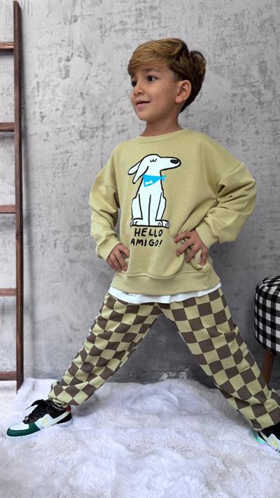 Erkek Çocuk Pamuklu Haki Köpek Baskılı Sweatshirt ve Kare Desenli Eşofman Takımı