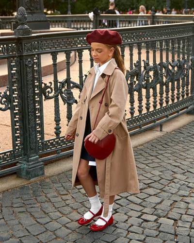 Kız Çocuk Pamuklu Bej Trençkot Mont - Kuşaklı Cepli Dış Giyim