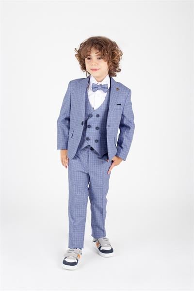 Mavi Çocuk Takım Elbise Şık Tasarım Papyonlu Yelekli Ceketli Smokin