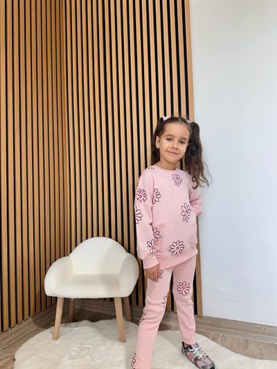 Kız Çocuk Pamuklu Pembe Çiçek Baskılı Sweatshirt Tayt Takım