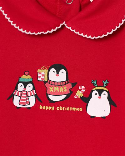 Kız Bebek Pamuklu Kırmızı Penguen Temalı Noel Tulum - Fırfırlı Tül Etek Detaylı