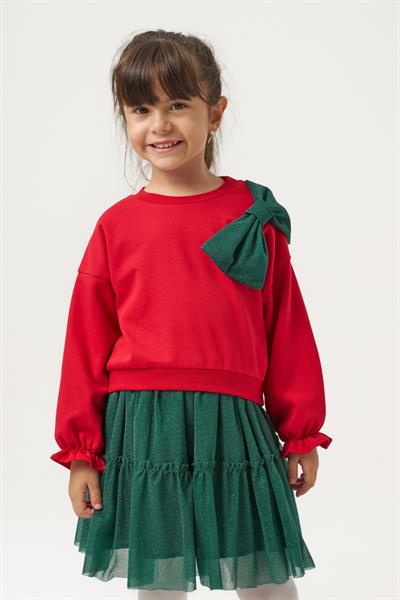 Kız Çocuk Pamuklu Kırmızı Fiyonklu Sweatshirt Yeşil Tüllü Etekli Takım - Şık ve Konforlu Kombin