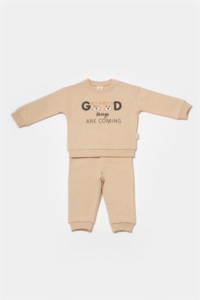 Unisex Bebek Bej Pamuklu Sweatshirt ve Eşofman Altı Takımı