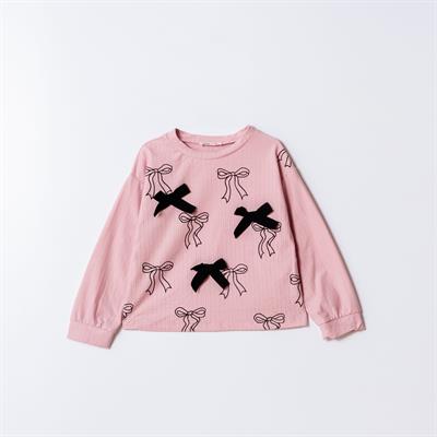 Kız Çocuk Pamuklu Pembe Fiyonk Desenli T-shirt ve Siyah İnci Düğme Detaylı Pantolon Takım