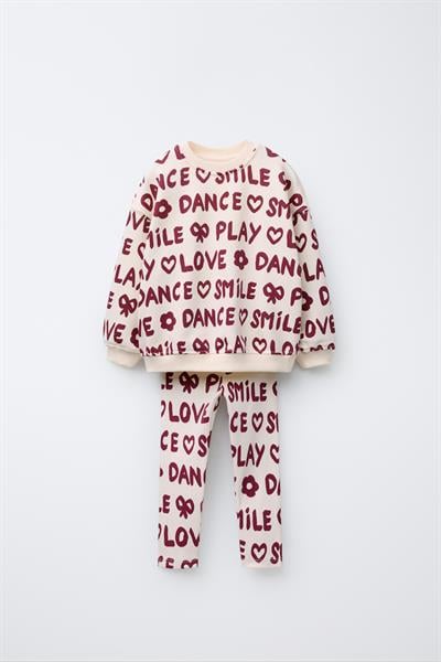 Kız Çocuk Pamuklu Ekru Bordo Yazı Baskılı Sweatshirt ve Tayt Takım - Love Smile Dance