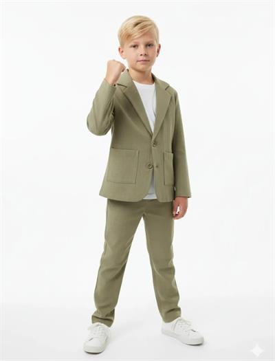 Erkek Çocuk Pamuklu Haki Blazer Takım – Ceket, Pantolon ve T-Shirt Dahil (3lü Set)