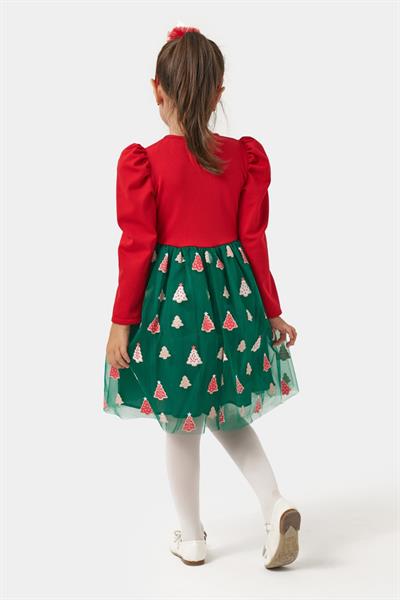 Kız Çocuk Pamuklu Kırmızı Üst ve Yeşil Ağaç Desenli Tüllü Elbise - Yılbaşı Özel Koleksiyonu