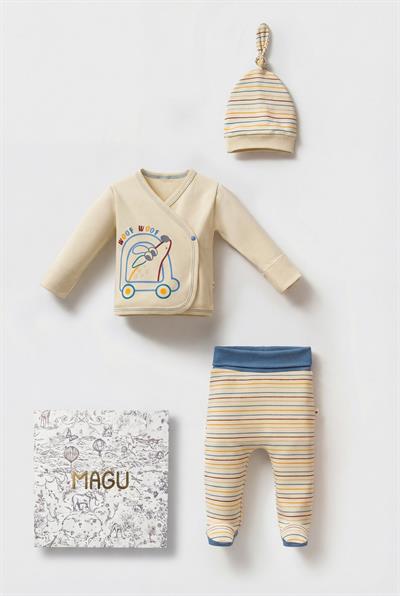 Erkek Bebek Pamuklu Krem Çizgili Köpek Baskılı 3lü Set - Zıbın, Patikli Pantolon ve Şapka