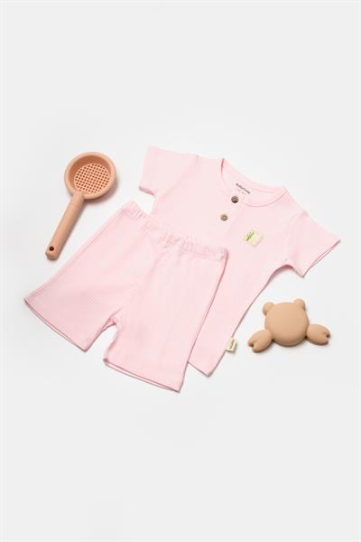 Kız Bebek Pamuklu  Ribana Düğmeli T-shirt ve Şort Takım