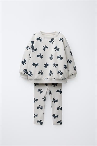 Kız Çocuk Pamuklu Krem Fiyonk Desenli Sweatshirt ve Tayt Takım