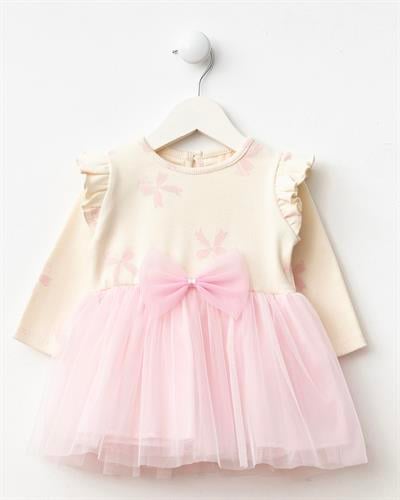 Kız Bebek Pamuklu Ekru Pembe Tüllü Fiyonklu Elbise - Uzun Kollu Ribana