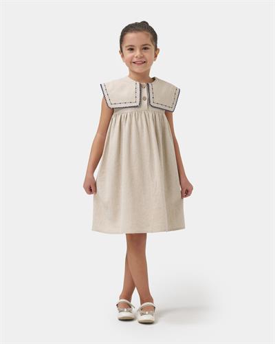 Kız Çocuk Keten Bej Nakışlı Geniş Yaka Elbise 