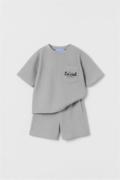 Unisex Çocuk Pamuklu Gri Laciel Yazılı T-shirt ve Şort Takım - Gofre Dokulu