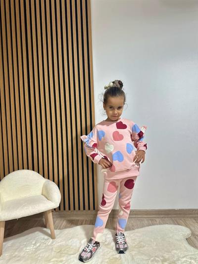 Kız Çocuk Pamuklu Pudra Kalpli Sweatshirt ve Tayt Takım - Fırfır Omuz Detaylı