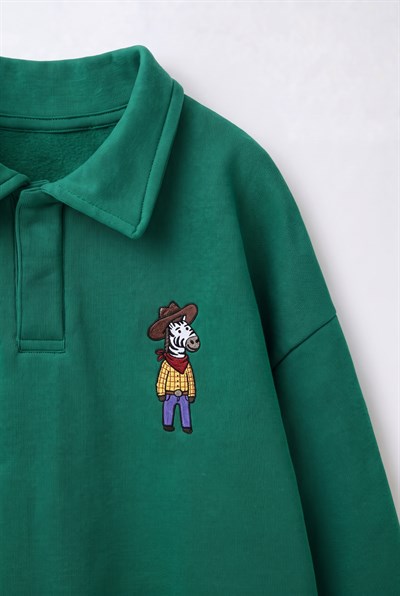 Çocuk Polo Yaka Yeşil Nakış Detaylı Sweatshirt
