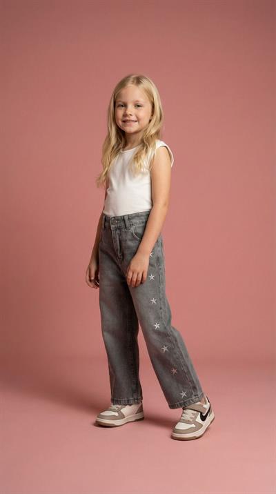 Kız Çocuk Pamuklu Gri Yıldız Desenli Denim Pantolon – Rahat Kesim, Günlük Kullanım