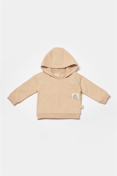 Unisex Bebek Pamuklu Bej Kapüşonlu Eşofman Takımı - Cep Detaylı Sweatshirt ve Alt