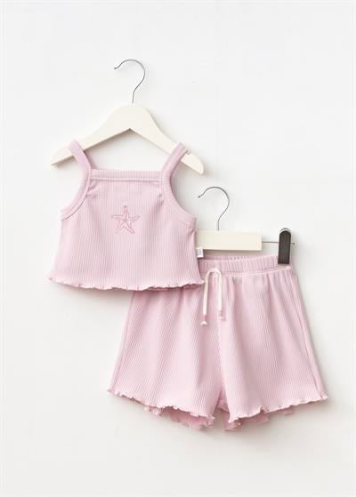 Kız Çocuk Pamuklu Pembe Deniz Yıldızı Nakışlı Crop Şort Takım - Ribana Kumaş
