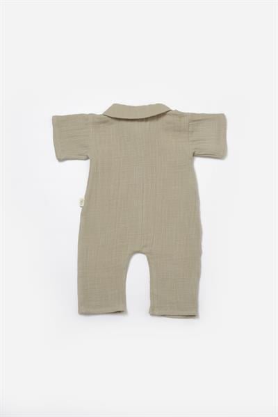 Erkek Bebek Pamuklu Haki Müslin Cepli Tulum - Kuzu Nakış Detaylı