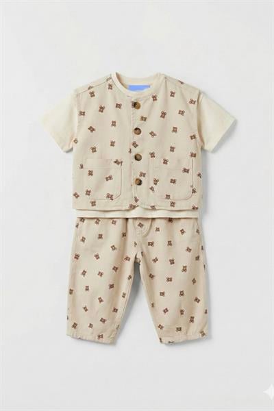 Unisex Çocuk Pamuklu Bej Ayıcık Desenli Düğmeli Cepli Yelek Pantolon Takım