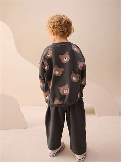Çocuk Ayıcık Desenli Antrasit Sweatshirt ve Bol Paça Pantolon Takımı