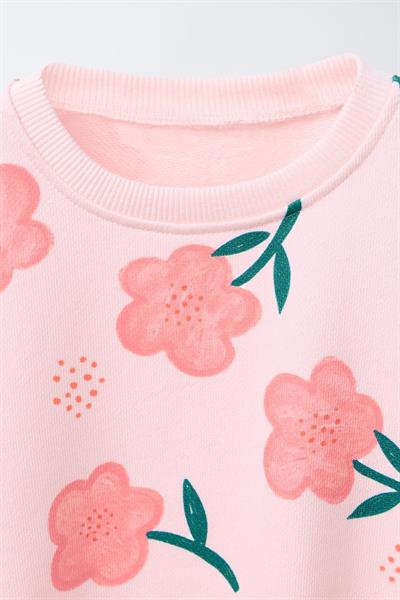 Kız Çocuk Pamuklu Pembe Çiçek Desenli Sweatshirt İspanyol Paça Tayt Takım