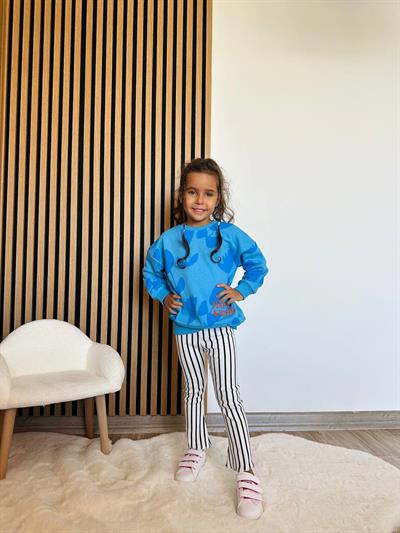 Kız Çocuk Pamuklu Mavi Çiçek Desenli Sweatshirt Çizgili Pantolon Takım