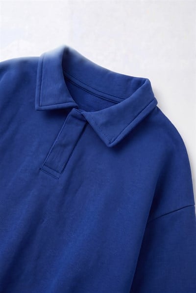 Çocuk Polo Yaka Mavi Nakış Detaylı Sweatshirt