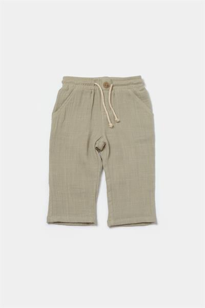 Bebek Pamuklu Bej Kuzu Nakışlı Müslin Takım – Düğmeli Üst ve Pantolon