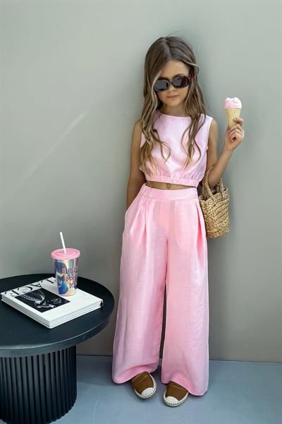 Kız Çocuk Pamuklu Kolsuz Bluz ve Bol Paça Pantolon Takım - Yazlık Şıklık