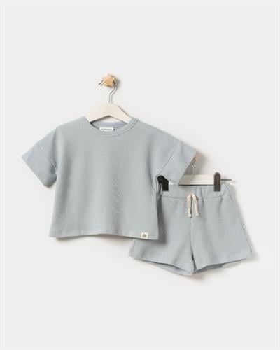 Erkek Çocuk Pamuklu Buz Mavi Dokulu T-Shirt ve Şort Takım - Rahat Kalıp Yazlık Set